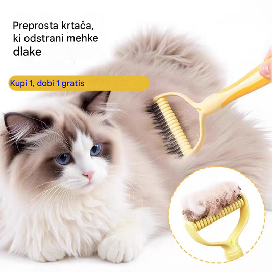 🐶【Kupite 1, dobite 1 gratis】-2 kosa--🧹Dvostranska samočistilna krtača za hišne ljubljenčke: Odstranjuje odmrlo dlako in zmanjšuje izpadanje dlake pri psih in mačkah