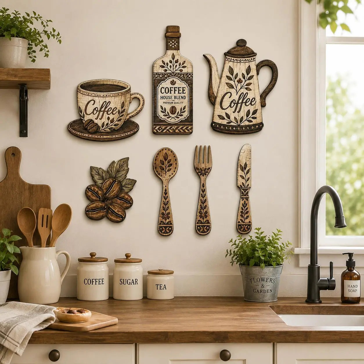 ☕7-dielna sada drevených kuchynských nástenných dekorácií s motívom kávy – nástenné umenie s vintage farmárskou tematikou kávy