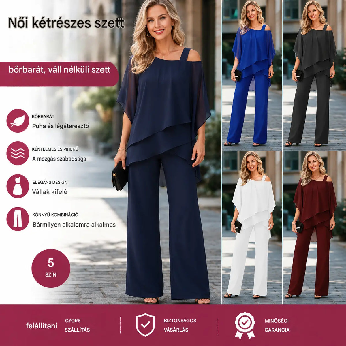 ✅【Felső + Nadrág】⏳ Korlátozott ideig tartó ajánlat ⏰【50-120 KG】👚👖 Női kétrészes szett: bőrbarát anyag, ejtett vállú fazon