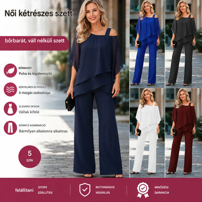 ✅【Felső + Nadrág】⏳ Korlátozott ideig tartó ajánlat ⏰【50-120 KG】👚👖 Női kétrészes szett: bőrbarát anyag, ejtett vállú fazon