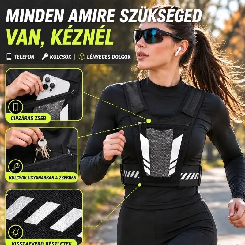 🏃 Futó- és sportmellény mellkasi zsebbel · Cipzáras telefontartó zseb · Hátsó kulacstartó · Fényvisszaverő elemek az éjszakai láthatóságért · Légáteresztő hálós anyag és állítható pántok!