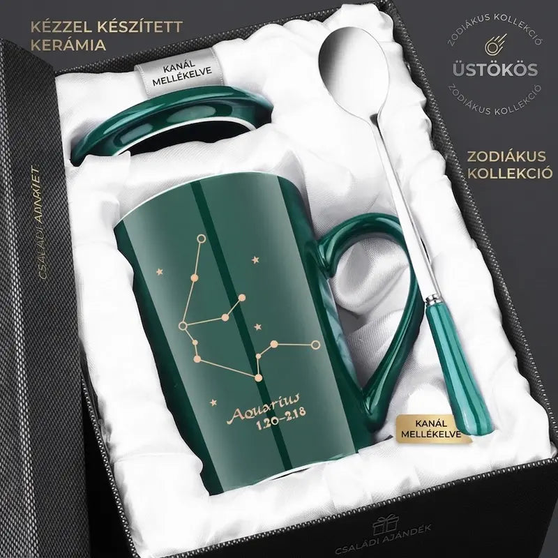 【🔥Hot Eladó】Tizenkét csillagkép sorozatú bögre tetővel és kanállal, ajándékdobozban, nagy kapacitású kulacs