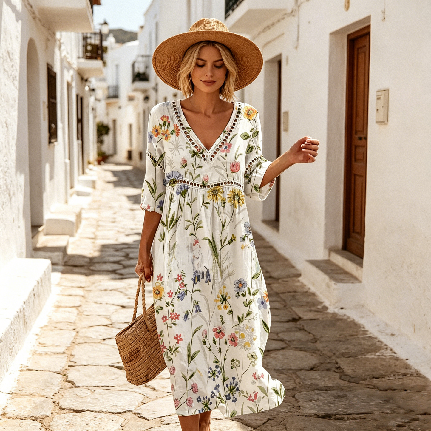 👗【S-3XL】Ženska dolga obleka iz bombaža in lana s potiskom - poletni stil, V-izrez