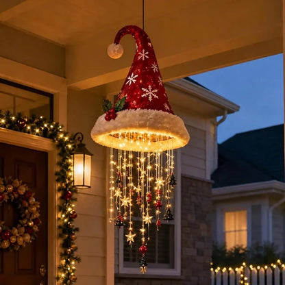 🎅 Hópelyhes és kristályos LED-fényű karácsonyi sapka – Varázslatos ragyogás a verandán ✨