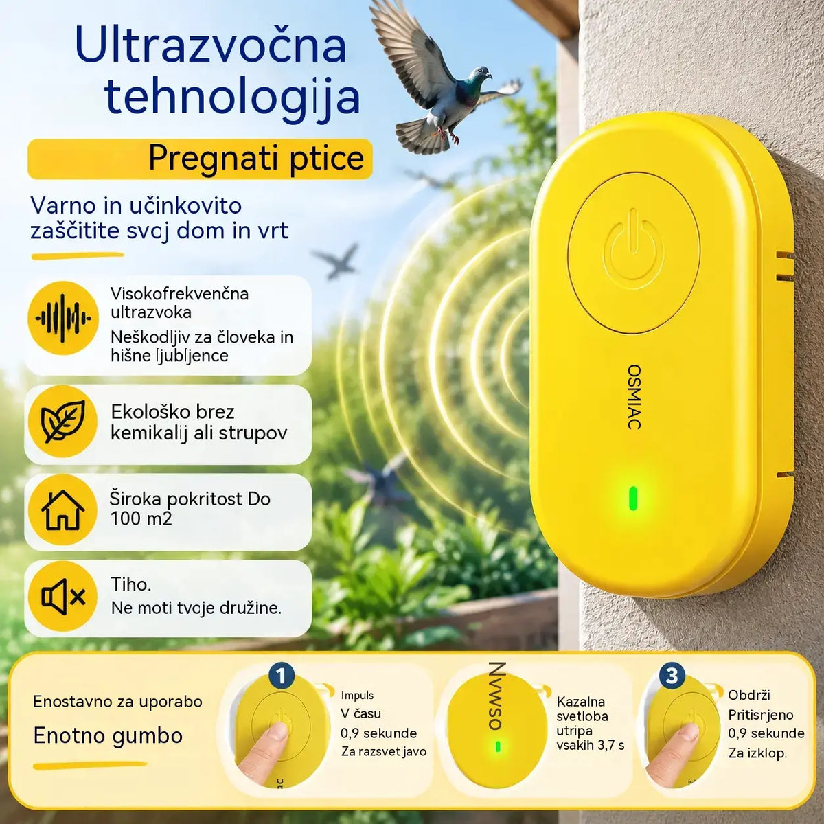 🐦 Prenosni ultrazvočni odganjalec ptic | Samodejni odganjalec golobov, idealen za balkone, vrtove in zunanje površine
