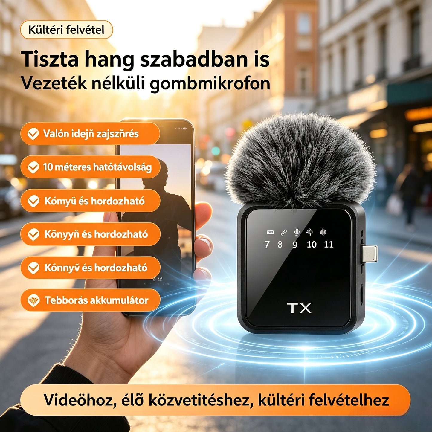 🎤📱Vezeték nélküli csíptethető mobiltelefon-mikrofon, videorögzítő berendezés élő közvetítéshez, műsorszóráshoz és TikTokhoz, zajszűrős kültéri használatra.