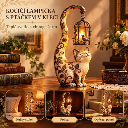 🐱💡Vintage stílusú éjszakai fény – macska madárkalitkával – kreatív kerti dekoráció