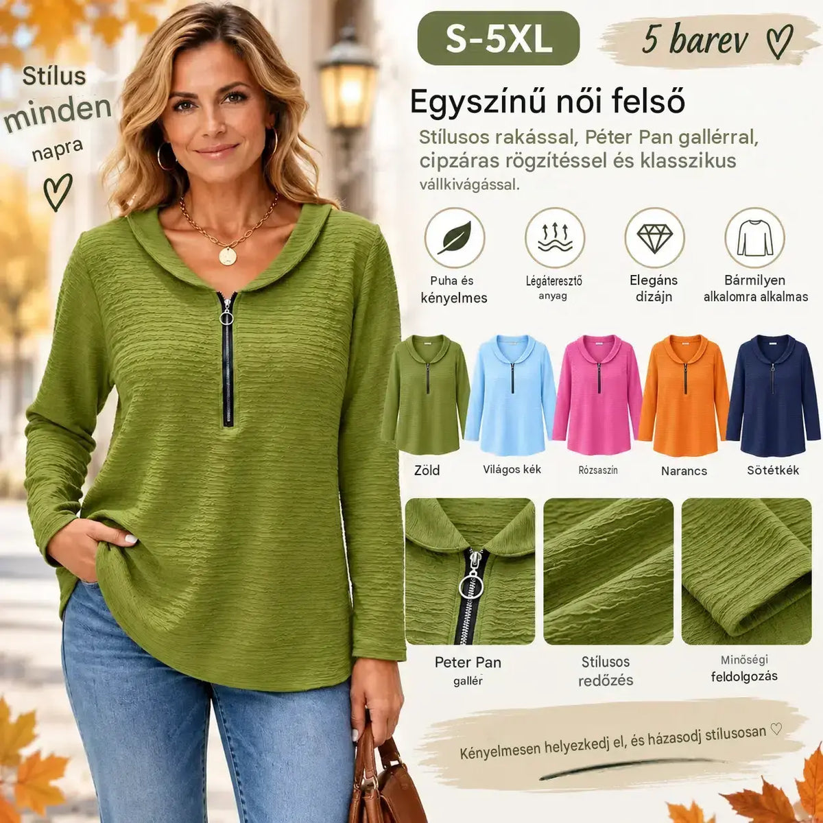 ✨【S–5XL / 5 szín】Egyszínű női felső stílusos rakással, Péter Pán gallérral, cipzáras záródással és klasszikus vállkivágással.
