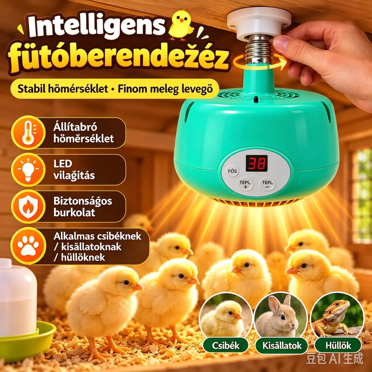 🐥🔥 [1 db] Okos fűtőpanel csibenevelőhöz, digitális termosztáttal — Kíméletes meleget és biztonságos működést biztosít csibék, kisállatok és hüllők számára.