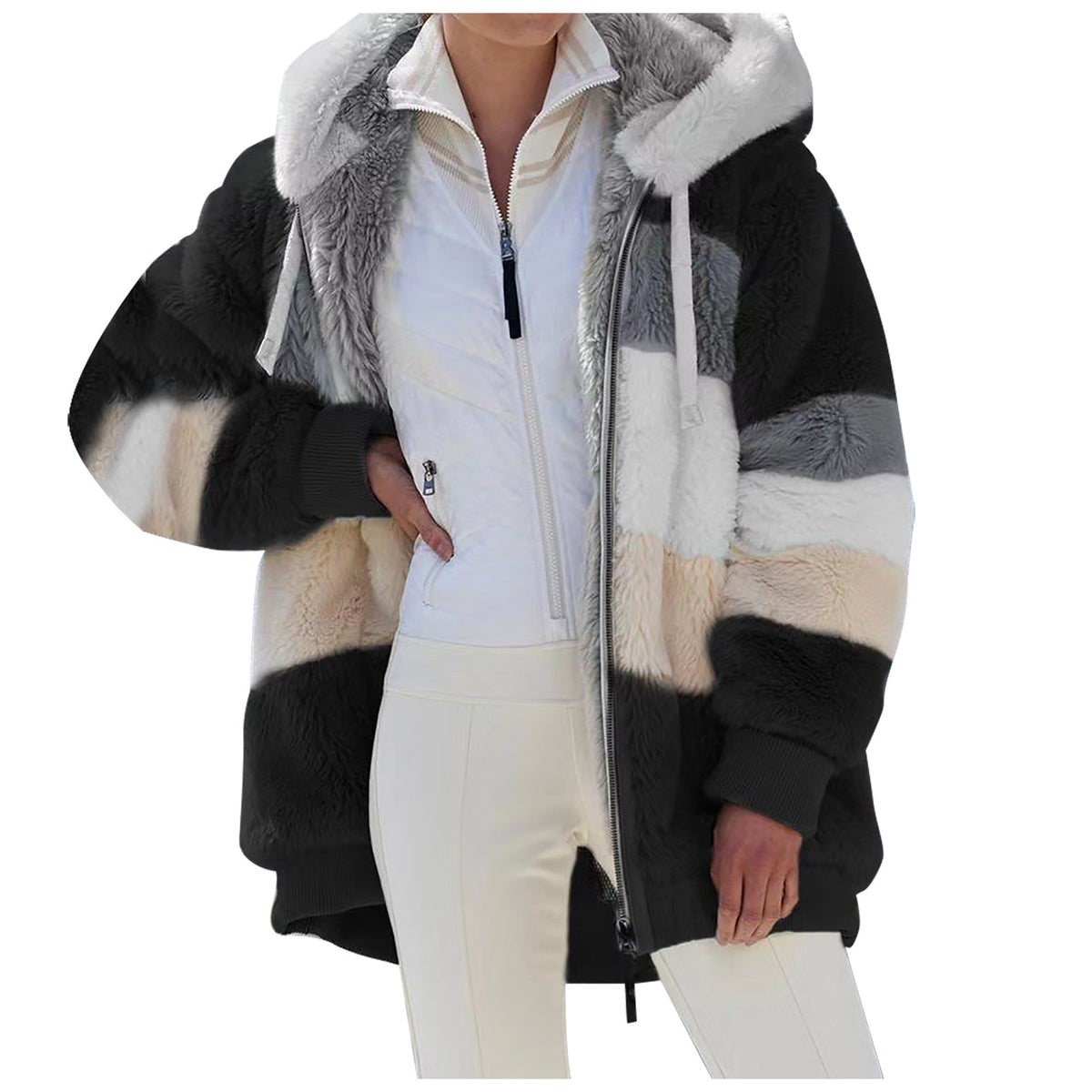 🔥🌟 Poslední den – sleva 50 % ❄️【S–5XL】Nový dámský hřejivý kabát pro rok 2026, zateplený plyšový design s kontrastními pruhy ✅ Platba na dobírku