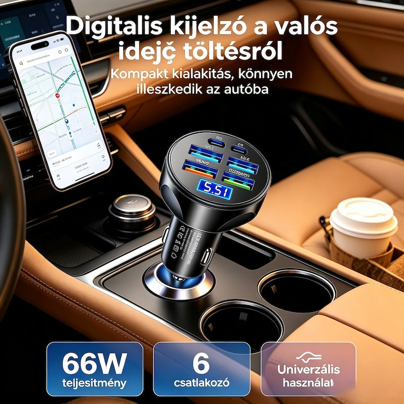 🚗🔋2026 Új 6 portos digitális kijelzős szupergyors töltésű, 66 W-os autós töltő