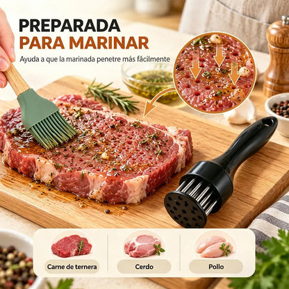 21 tűs, rozsdamentes acél húspuhító; ideális steakhez, barbecue-hoz és egyéb ételek elkészítéséhez.