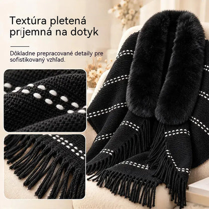 Pletené pončo s kožušinovým golierom a strapcami 🧣 Elegantný, hrejivý prehoz pre ženy (jeseň/zima) ❄️ Univerzálny kúsok voľného strihu, ktorý lichotí postave ✨