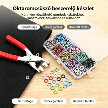 🧵✨Ötágú patentgomb-felszerelő szerszám, 100 láthatatlan színes fém patenttal és 1 kézi nyomófogóval.