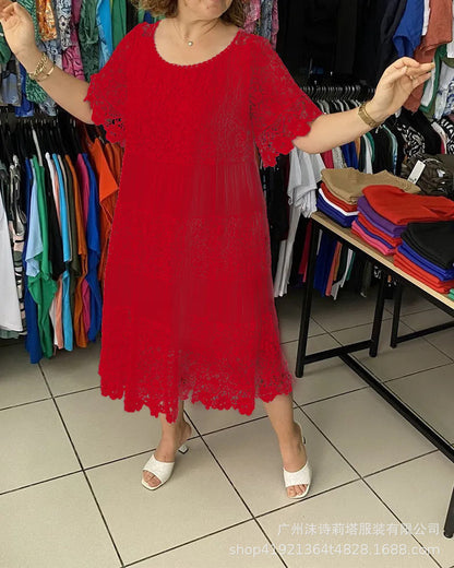 🔥【50% KEDVEZMÉNY】✨✨✨【S-5XL】2026Új ruha rövid ujjúval, kerek nyakkivágással és csipkével.