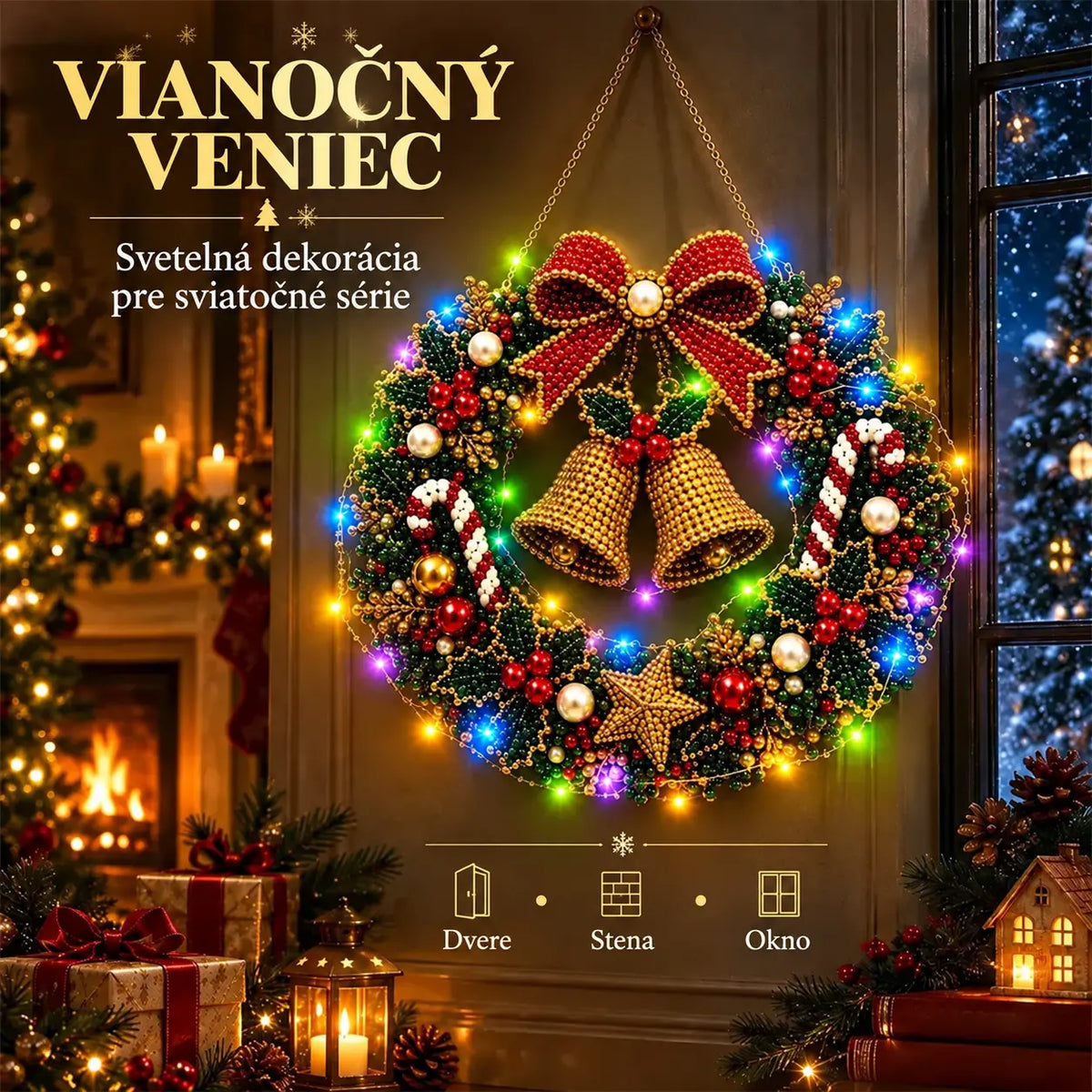 🎄💎 Vianočný veniec DIY s diamantmi, perlami a LED svetlami – 9 štýlov, akrylová doska, jednoduché tvorenie.