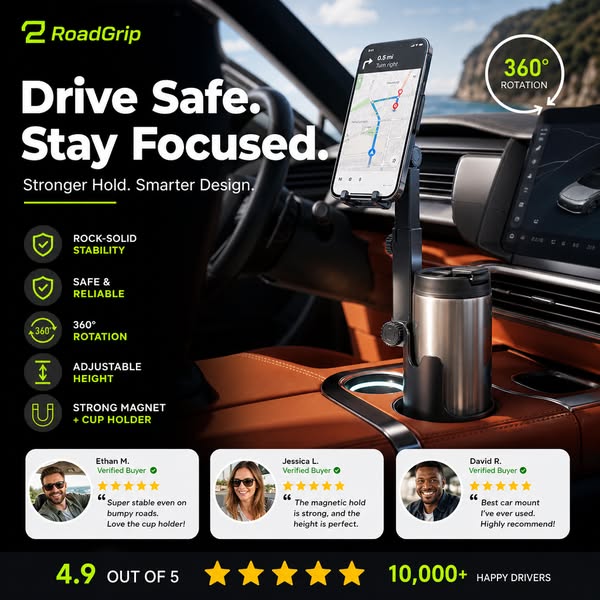 🧲Soporte para teléfono móvil para portavasos de coche: ajustable 360°, imán N52 potente, manejo con una sola mano, compatible con todos los teléfonos, modelos magnéticos y de sujeción estables para una conducción segura.