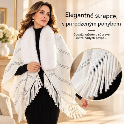 Pletené pončo s kožušinovým golierom a strapcami 🧣 Elegantný, hrejivý prehoz pre ženy (jeseň/zima) ❄️ Univerzálny kúsok voľného strihu, ktorý lichotí postave ✨