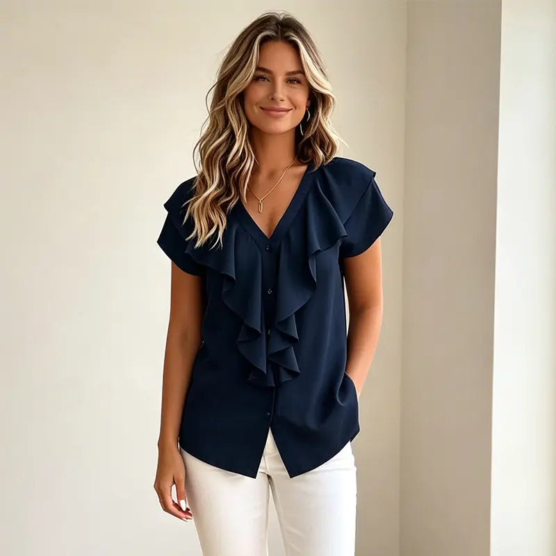 Elegantná letná blúzka pre ženy s výstrihom do V – ležérna košeľa s volánikmi a gombíkmi, mäkký, priedušný a chladivý materiál