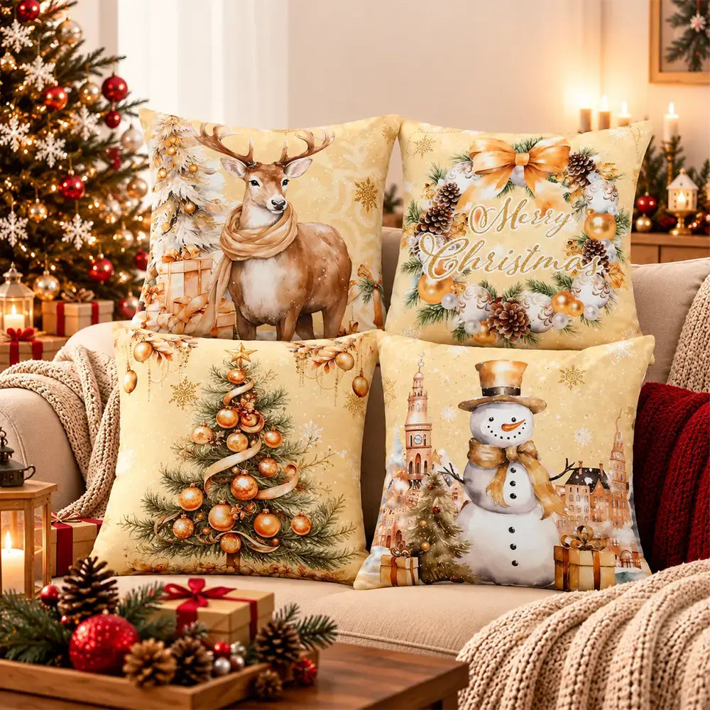 🎅【4 darabos szett】☃️ Karácsonyi párnahuzat Mikulással, hóemberrel, rénszarvassal és fával, ünnepi dekoráció kanapéra, hálószobába és nappaliba, azonnal meghitt hangulatot teremt 🎄✨