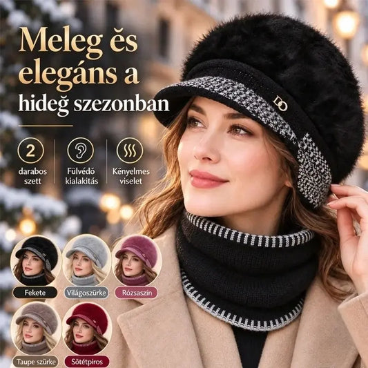 ❄️Elegáns, kétrészes téli szett: nyúlszőr-keverék baseballsapka fülvédővel + kötött sál!