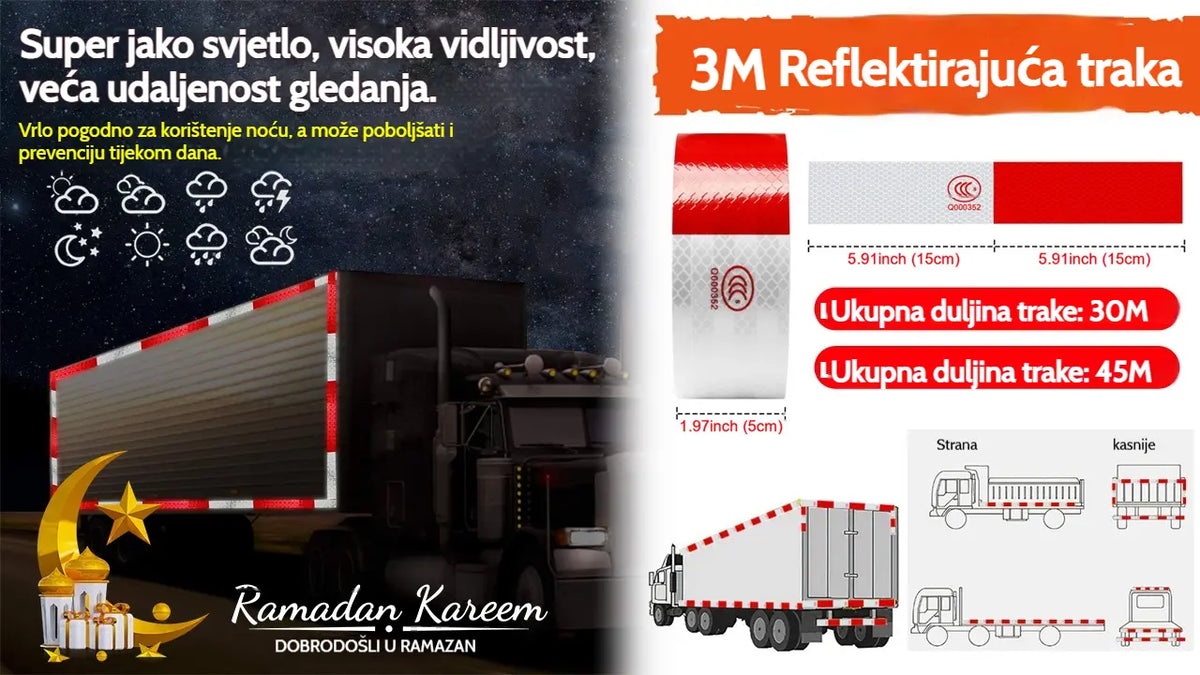 🚛【30M】🌙🔆Crveno-bijele reflektirajuće naljepnice, reflektirajuće trake za kamione
