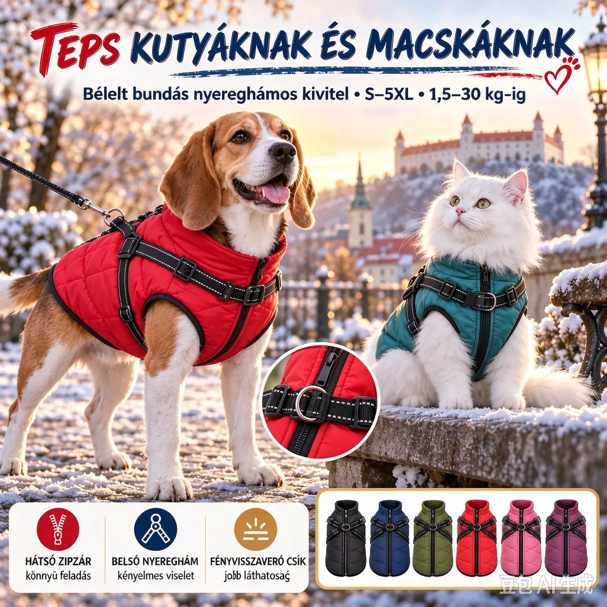 🐱🐶❄️Meleg téli kabát kutyáknak és macskáknak – Vízálló kivitel fényvisszaverő elemekkel és beépített hámrésszel. S-től 5XL-es méretig – minden fajtához megfelelő! ✨