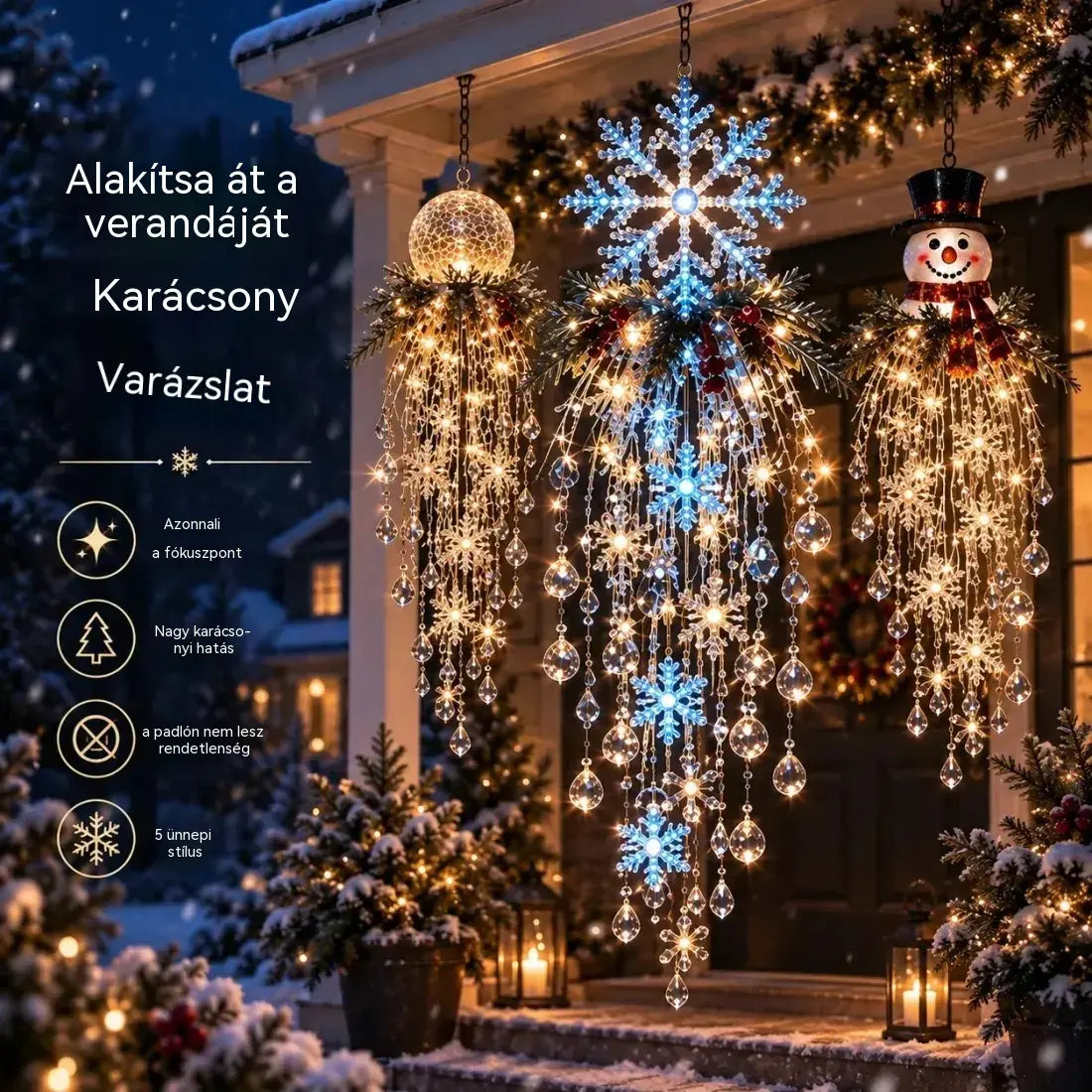 🔥 MA 50% KEDVEZMÉNY 🎅 Függeszthető karácsonyi hópehely és kristály LED-fény | Varázslatos fény a verandára ✨