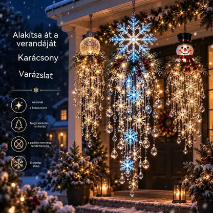 🔥 MA 50% KEDVEZMÉNY 🎅 Függeszthető karácsonyi hópehely és kristály LED-fény | Varázslatos fény a verandára ✨