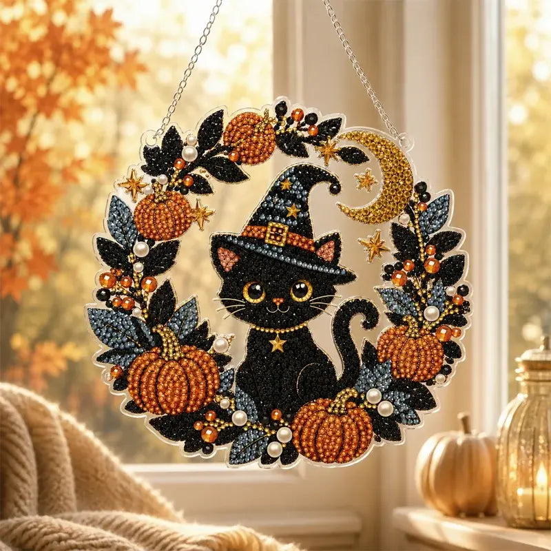 🍁🎃Halloween dekorációs ablak DIY gyémántfestés, 4 vidám minta, mérete 25×25 cm