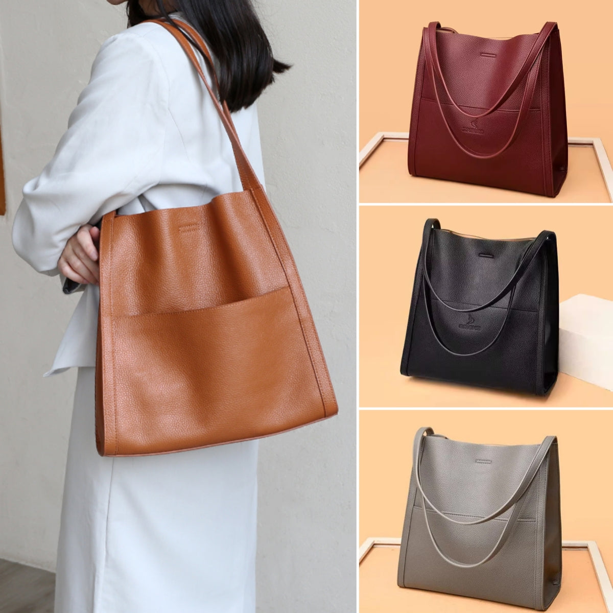 🔥👜👜【SLEVA 45 %】Prostorná taška přes rameno z měkké kůže, minimalistická jednobarevná – nezbytný doplněk na podzim a zimu.