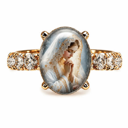 💍 【2 termék—8100 Ft】Aranyszínű, ovális kristályos Szűz Mária-gyűrű