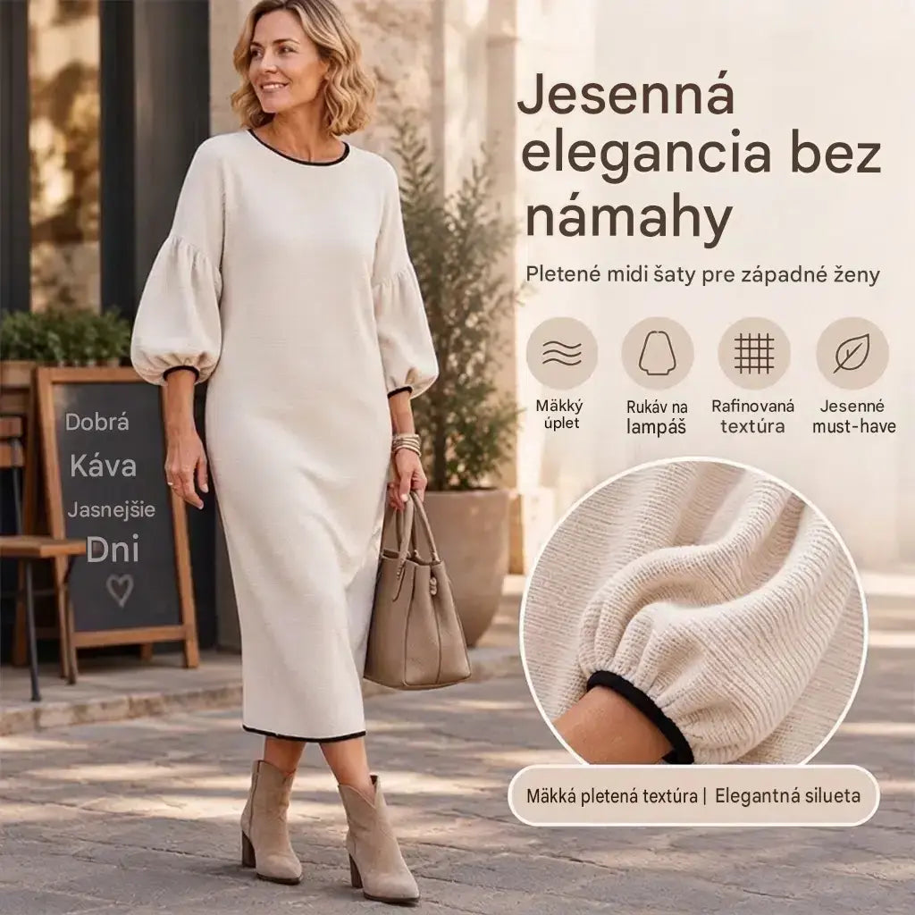 Dámske pletené midi šaty so štruktúrovaným povrchom a naberanými rukávmi