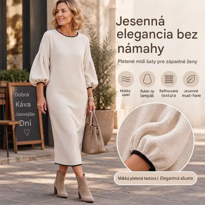 Dámske pletené midi šaty so štruktúrovaným povrchom a naberanými rukávmi