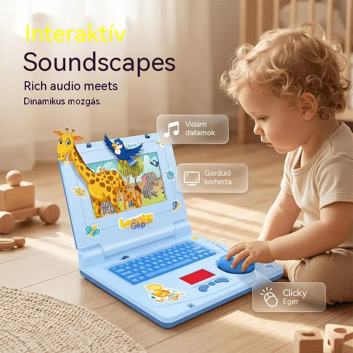 🧸 Interaktív szimulációs játék laptop – Fények, hangok és tanulójátékok – Játékosan fejleszti a gyermekek kreativitását és motoros készségeit 🎵