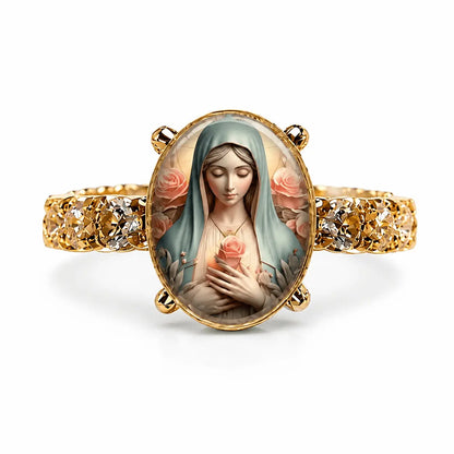 💍 【2 termék—8100 Ft】Aranyszínű, ovális kristályos Szűz Mária-gyűrű