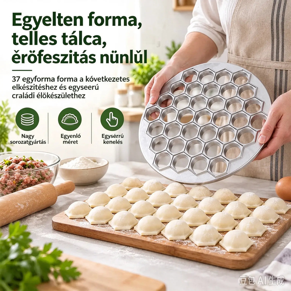 🥟 Készíts pillanatok alatt gombócokat! 37 lyukú gombócformázó és -vágó! Egyetlen mozdulattal 37 egyforma gombócot formázhatsz – hatékony, gyors és könnyen tisztítható!