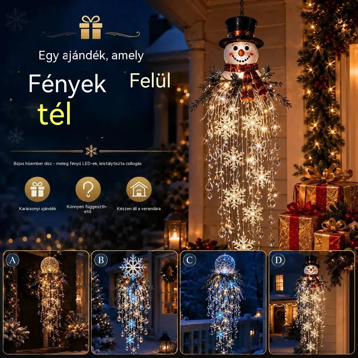 🔥 MA 50% KEDVEZMÉNY 🎅 Függeszthető karácsonyi hópehely és kristály LED-fény | Varázslatos fény a verandára ✨