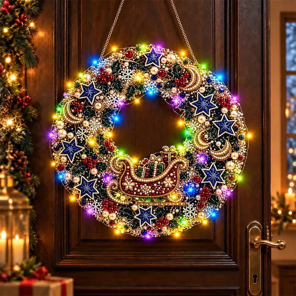 🎄💎 Vianočný veniec DIY s diamantmi, perlami a LED svetlami – 9 štýlov, akrylová doska, jednoduché tvorenie.