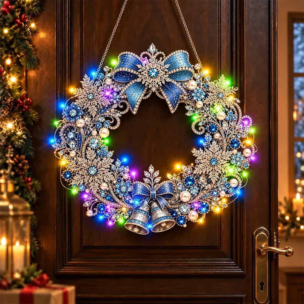 🎄💎 Vianočný veniec DIY s diamantmi, perlami a LED svetlami – 9 štýlov, akrylová doska, jednoduché tvorenie.
