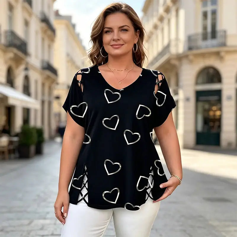 👚【45kg-90kg】Módne tričko s výstrihom do V a výstrihom v tvare srdca