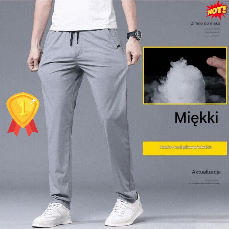 🔥👖【40-115 kg】 Nowa kolekcja na lato 2026: męskie spodnie z elastycznego jedwabiu, spodnie codzienne o prostym kroju z kieszeniami i elastycznym paskiem
