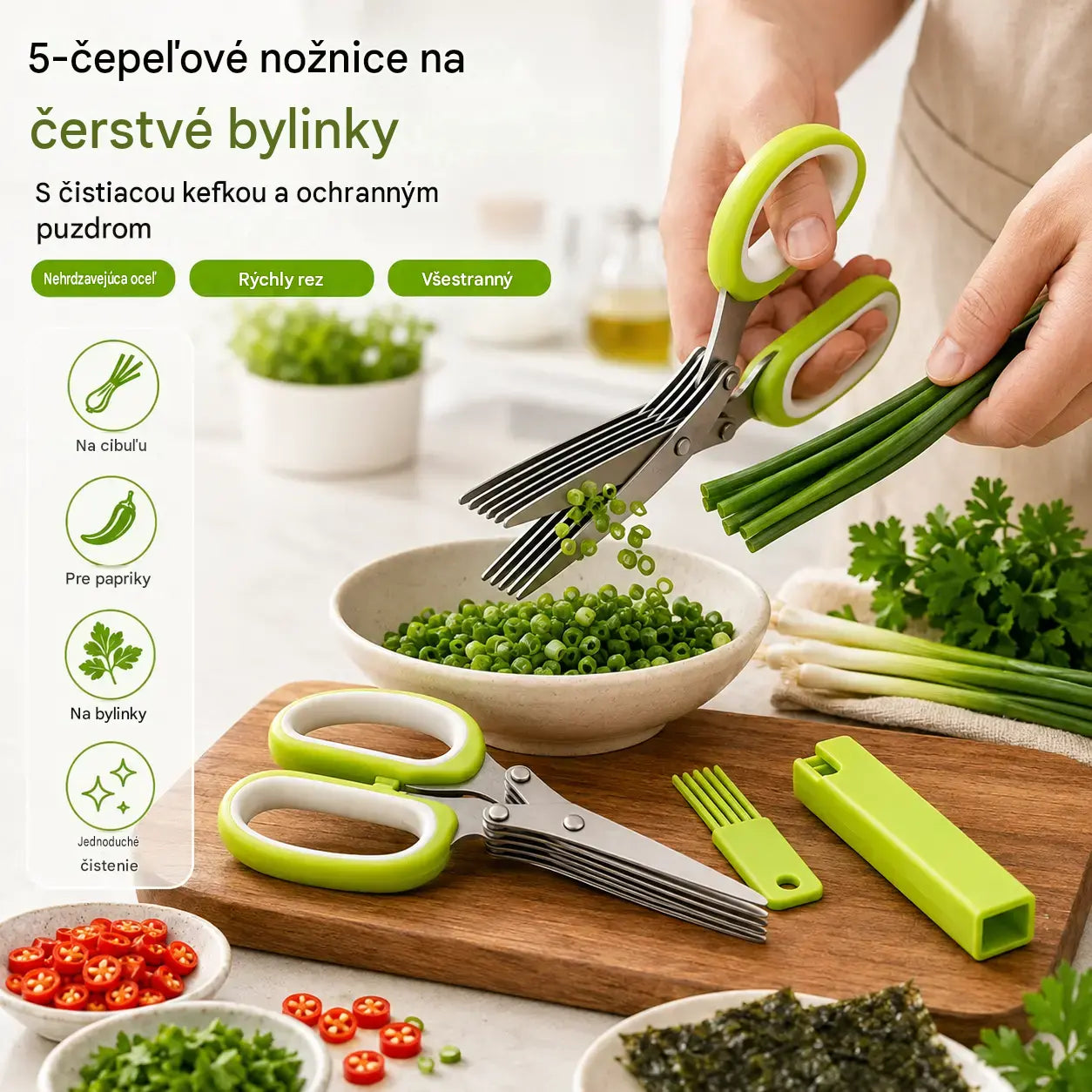 🌿 Kráječ s 5 čepelemi – Rychlý kuchyňský kráječ na čerstvé bylinky a koření