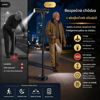 🦯 Multifunkčná skladacia palica, navrhnutá špeciálne pre seniorov – vyrobená zo zliatiny hliníka, vybavená LED svetlom, núdzovým tlačidlom a 4 opornými bodmi. Nastaviteľná výška 🔦🚨