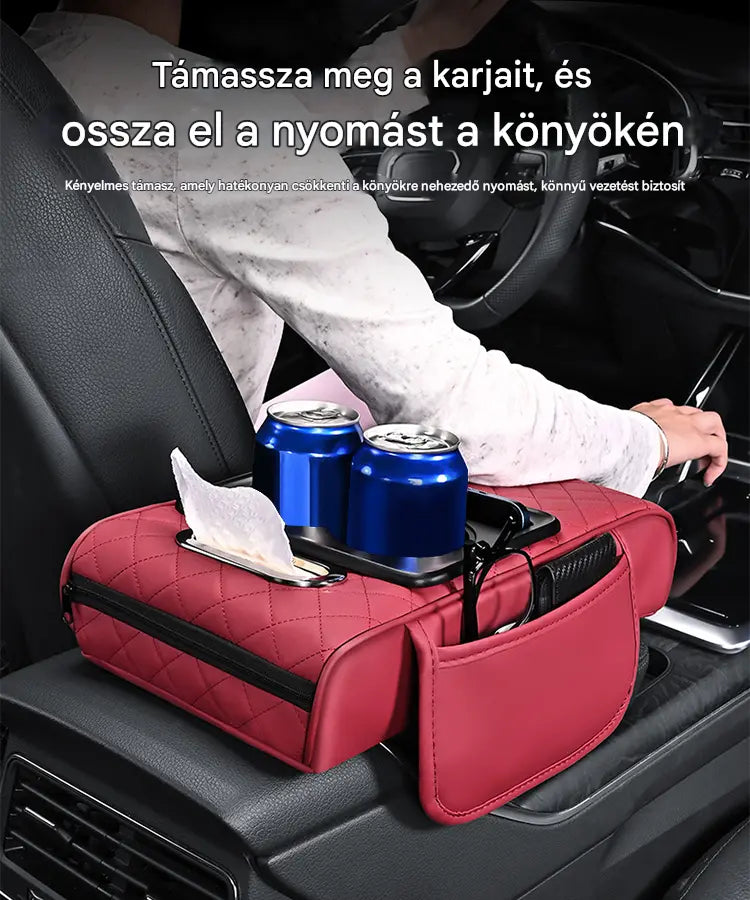 Univerzális, 4 az 1-ben bőrkárpitozású autós könyöktámasz-párna ✅ Beépített zsebkendőtartó ✅ Pohártartó