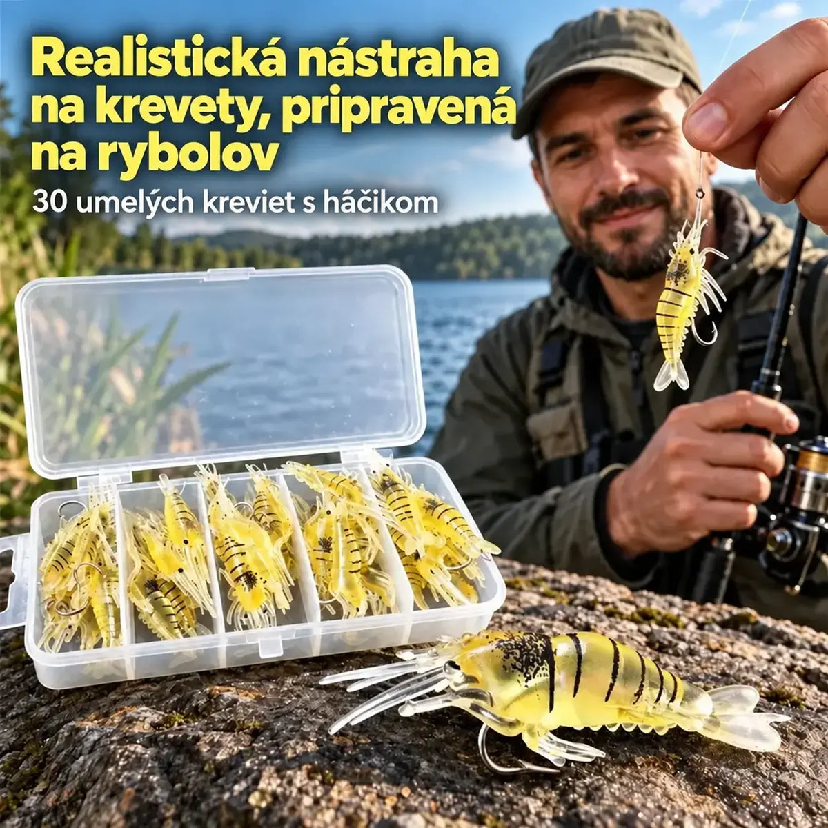 🎣 Vysoko realistická umelá kreveta s háčikom – 30 kusov v praktickej krabičke, ideálna na sladkú aj slanú vodu, odolná a opakovane použiteľná.