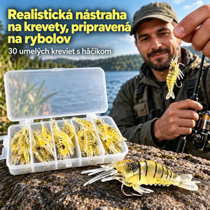 🎣 Vysoko realistická umelá kreveta s háčikom – 30 kusov v praktickej krabičke, ideálna na sladkú aj slanú vodu, odolná a opakovane použiteľná.