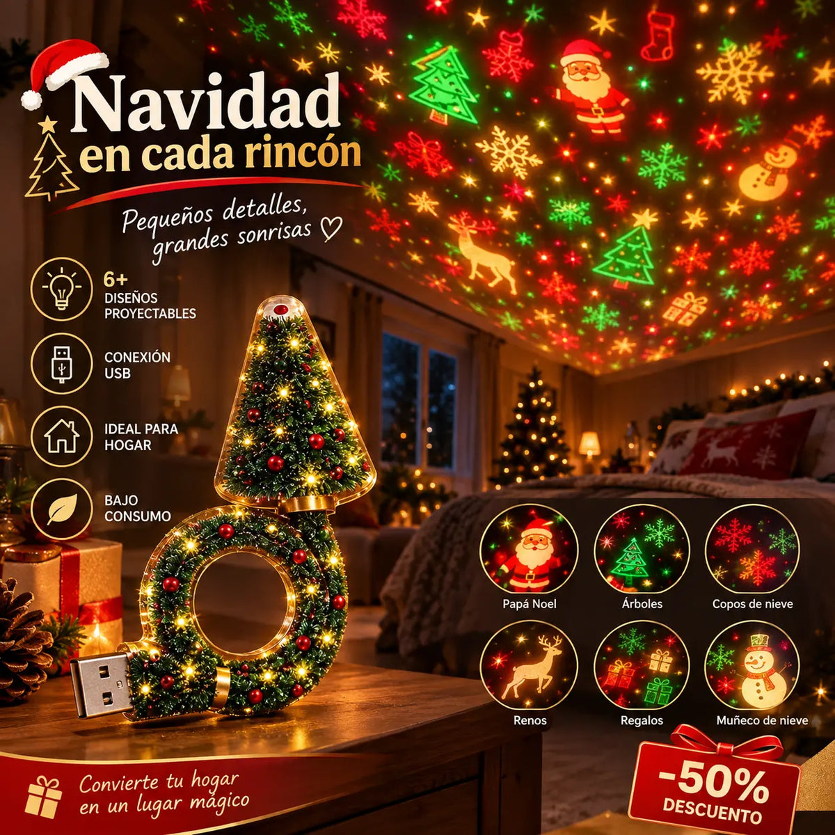 🎄💡 Karácsonyfa projektor éjszakai fénnyel — Konnektorba dugható mennyezeti dekoráció