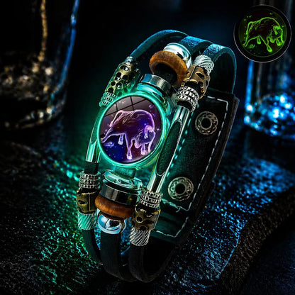🌙 Világító Zodiákus Bőr Karkötő – 3 Rétegű Fonott, Állítható Hosszú, Uniszex 💫✨