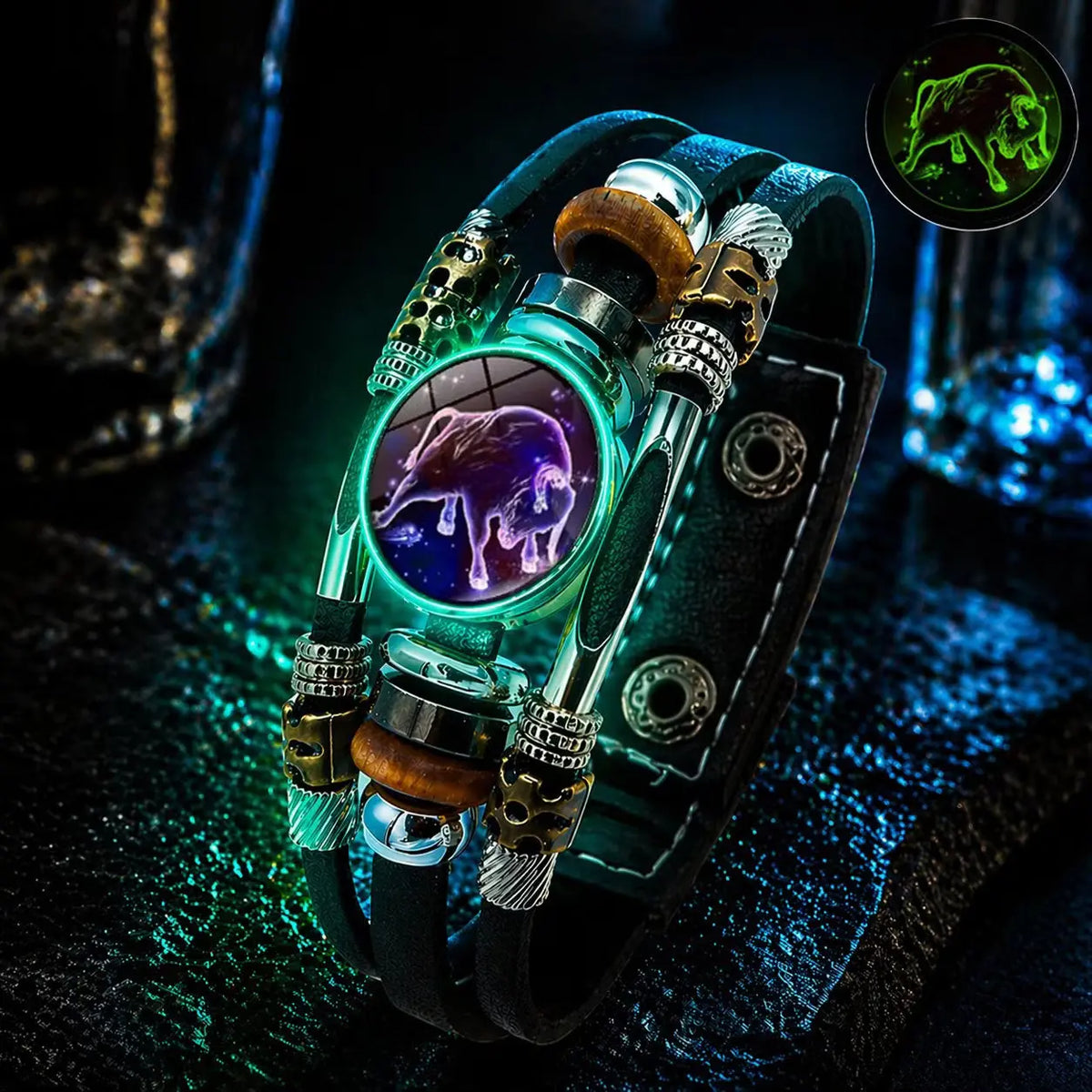 🌙 Világító Zodiákus Bőr Karkötő – 3 Rétegű Fonott, Állítható Hosszú, Uniszex 💫✨